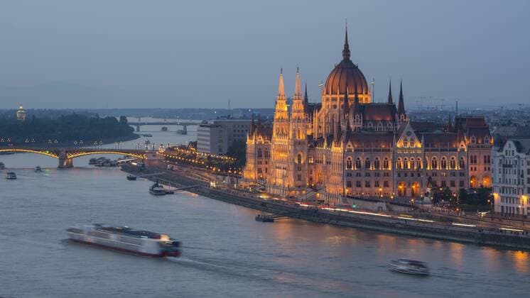 Hungarian Parliament at night on the River Danube, UNESCO World Heritage Site, Budapest, Hungary, Europe Copyright: JonxReaves 1241-143