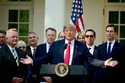 October 1, 2018 - Washington, District of Columbia, U.S. - United States President Donald J. Trump delivers remarks on the United States Mexico Canada Agreement (USMCA) in the Rose Garden of the White House in Washington, DC on Monday, October 1, 2018. The President took questions on the agreement and on the Kavanaugh nomination. Those pictured with the President, from left, include United States Secretary of Agriculture Sonny Perdue; US Trade Representative.Robert E. Lighthizer; US Secretary of the Treasury Steven T. Mnunchin, and Senior Advisor Jared Kushner Washington U.S. - ZUMAs152 20181001_zaa_s152_002 Copyright: xRonxSachsx
