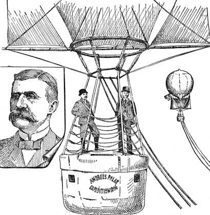 Andree Polar Expedition, Ballongondel, Wasserstoffballon, Salomon August Andree ein schwedischer Ingenieur, Physiker, Aeronaut und Polarforscher, 1880, Holzschnitt, Schweden, Europa Copyright: imageBROKER/BAO iblsce04743295.jpg