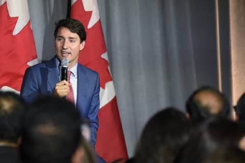 October 2, 2018 - Toronto, Canada - Prime Minister Justin Trudeau speaking during an armchair conversation between Prime Minister Justin Trudeau and Ahmed Hussen -the Minister of Immigration, Refugees and Citizenship at an open Liberal fundraising event in Toronto on October 2, 2018. Toronto Canada  - ZUMAn230 20181002_zaa_n230_766 Copyright: xArindamxShivaanix