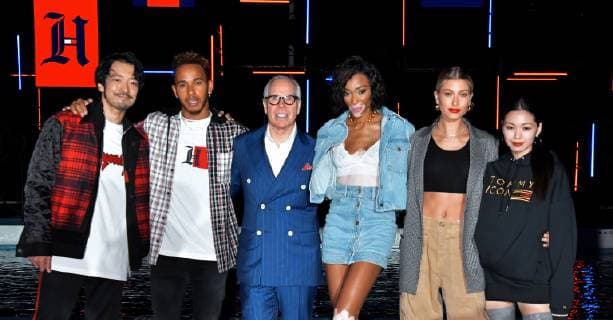 (L-R)Japanese actor Nobuaki Kaneko, racing driver Lewis Hamilton, fashion designer Tommy Hilfiger, model Winnie Harlow, Hailey Baldwin and Japanese actress Fumi Nikaido attend the event Tommy Hilfiger Presents Tokyo Icons in Tokyo, Japan on October 8, 2018.  TKP2018100814 KEIZOxMORI