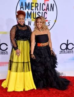 Tina Campbell (L) and Erica Campbell of Mary Mary arrive for the 46th annual American Music Awards at the Microsoft Theater in Los Angeles on October 9, 2018.  LAP20181009568 JIMxRUYMEN