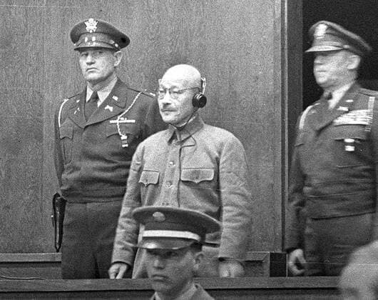 Japan wartime PM Tojo Photo taken in November 1948 shows former Japanese Prime Minister Hideki Tojo hearing his death sentence at the International Military Tribunal for the Far East in Tokyo. 