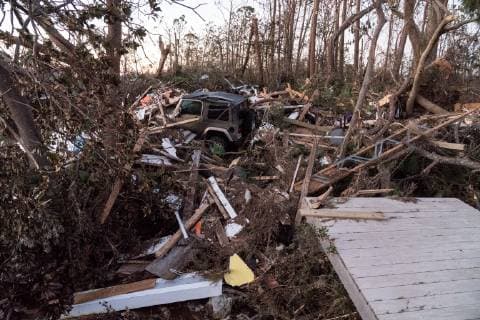 A jeep sits among tons of debris after Hurricane Michael slammed into Mexico Beach, Florida October 12, 2018. Michael hit the Florida panhandle October 10.  WAP20181012063 KENxCEDENO