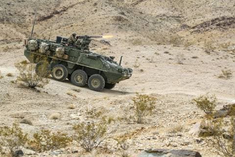 October 1, 2018 - Fort Irwin, California, U.S. - A Soldier assigned to the 4TH Battalion, 17TH Infantry Regiment, 1st Stryker Brigade Combat Team, 1st Armored Division, Fort Bliss, Texas, engages enemy elements utilizing an M2 .50-caliber machine gun from an M1130 Stryker Command Vehicle during Decisive Action Rotation 19-01 at the National Training Center, Fort Irwin, Calif., Octoberober. 1, 2018. Decisive Action Rotations at the NTC ensure Army Brigade Combat Teams remain versatile, responsive, and consistently available for current and future contingencies. Fort Irwin U.S. - ZUMAz03_ 20181001_sha_z03_664 Copyright: xU.S.xArmyx