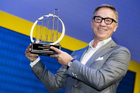 Artexis Group CEO Eric Everard celebrates after winning the award ceremony for the the Entreprise de l annee (French-speaking company of the year), Monday 15 October 2018, in Brussels.  JASPERxJACOBS 05448576