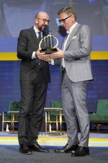 Belgian Prime Minister Charles Michel and Artexis Group CEO Eric Everard pictured during the award ceremony for the the Entreprise de l annee (French-speaking company of the year), Monday 15 October 2018, in Brussels.  JASPERxJACOBS 05448584