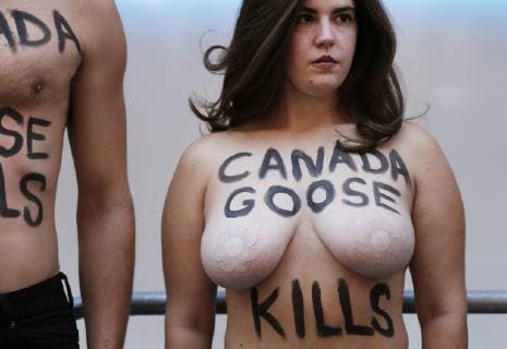 Topless Activists and PETA supporters hold a protest outside of Canada Goose in New York City on October 18, 2018.  NYP20181018109 JOHNxANGELILLO