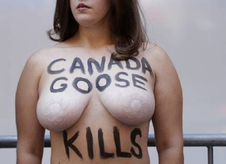 Topless Activists and PETA supporters hold a protest outside of Canada Goose in New York City on October 18, 2018.  NYP20181018115 JOHNxANGELILLO