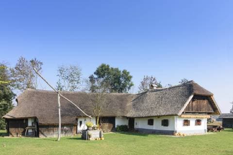 open air museum of traditional old farmhouse, thatch roof, draw well Gorisnica Stajerska (Styria) Slovenia