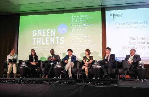 (181022) -- BERLIN, Oct. 22, 2018 -- Guests and representatives of Green Talents Award 2018 winners attend a panel discussion during the Green Talents - International Forum for High Potentials in Sustainable Development at the German Federal Ministry of Education and Research in Berlin, capital of Germany, on Oct. 22, 2018. Two Chinese scientists, together with 23 others from different countries, have been awarded the Green Talents Award 2018 by the German government on Monday for their achievements in sustainability related research. ) GERMANY-BERLIN-GREEN TALENTS 2018 ShanxYuqi 