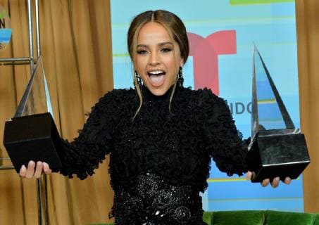 Becky G appears backstage with her awards for Favorite Urban Song for Mayores , and Favorite Female Artist at the fourth annual Latin American Music Awards at the Dolby Theatre in the Hollywood section of Los Angeles on October 25, 2018. The annual event honors outstanding achievements for artists in the Latin music industry.  LAP20181025334 JIMxRUYMEN