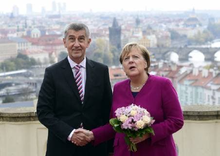 Czech Prime Minister Andrej Babis (left) meets German Chancellor Angela Merkel (right) on celebrations of Czechoslovakia s centenary, in Prague, Czech Republic, on October 26, 2018. (CTKxPhoto RomanxVondrous) CTKPhotoP201810260659301  _VND0650