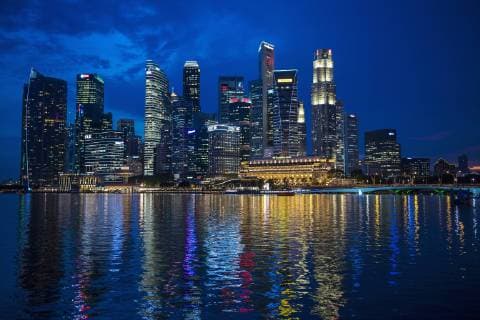 Illuminated Buildings Near Waterfront Of Singapore, Marina Bay Singapore Singapore Copyright: HennxPhotography HETH000862