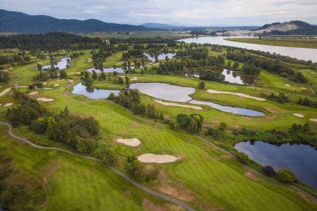 Aerial of a manicured golf course in British Columbia, Canada., Pitt Meadows British Columbia Canada Copyright: ChristopherxKimmel KICH011276