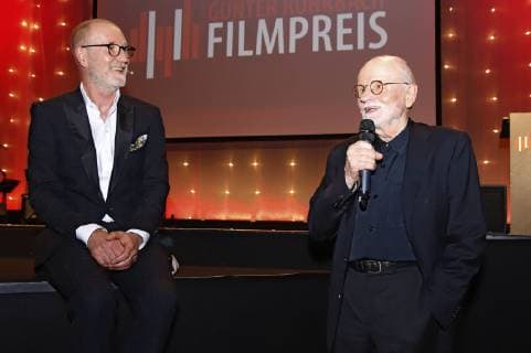 Peter Lohmeyer und Günter Rohrbach bei der 8. Verleihung des Günter Rohrbach Filmpreises 2018 in der Neuen Gebläsehalle Neunkirchen. Neunkirchen, 02.11.2018