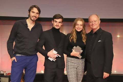 Aron Lehmann, Aaron Hilmer, Luna Wedler und Thomas Kleist bei der 8. Verleihung des Günter Rohrbach Filmpreises 2018 in der Neuen Gebläsehalle Neunkirchen. Neunkirchen, 02.11.2018