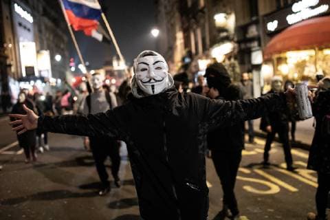 November 5, 2018 - London, London, UK - London, UK. Demonstrators take part in the Million Mask March, an anti-capitalist protest organised by Anonymous UK. The march takes place on bonfire night, the anniversary of Guy Fawkes plot to blow up the Houses of Parliament with gunpowder. London UK - ZUMAl94_ 20181105_zaf_l94_074 Copyright: xTomxNicholsonx