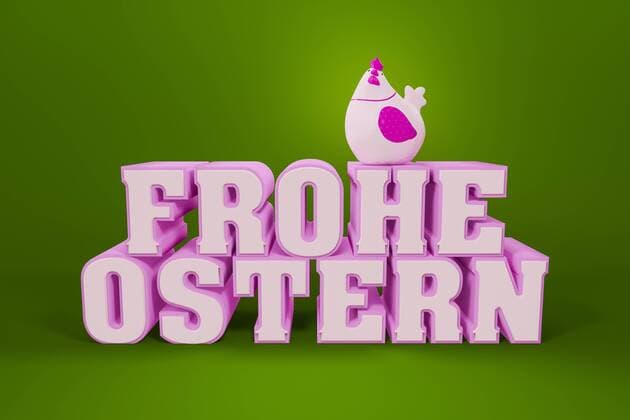 Osterkarte - Rosa Huhn, sitzend auf einer dreidimensionalen Schrift FROHE OSTERN vor gruenem Hintergrund Ester card - Chicken in pink color sitting on a three-dimensional lettering FROHE OSTERN (Happy Easter) BLWS503074 Copyright: xblickwinkel McPHOTO M.xGannx