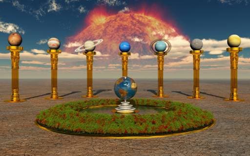 IMAGO Creative: Sonnensystem Planetensytem - Symbolbilder Unser Sonnensystem mit der Erde in einer Oase mitten in der Wüste - Our Solar System *** Our solar system with the earth in an oasis in the middle of the desert Our Solar System  1066500221