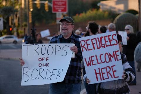 November 13, 2018 - Tucson, Arizona, USA - Pro immigrants rights protest in Tucson in support of the migrant caravan traveling through Mexico towards the US border. They denounced the stationing of US troops by President Trump on the border to hault the caravan if they reach the Arizona and support the migrants rights to apply for asylum. Tucson USA - ZUMAb411 20181113_zap_b411_014 Copyright: xChristopherxBrownx
