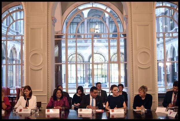 23 11 2018. London, United Kingdom. Angelina Jolie attends Fighting Stigma through Film. PSVI Co-Founder and UNHCR Special Envoy Angelina Jolie attends a meeting in the Foreign Office with The Prime Minister s Special Envoy for Preventing Sexual Violence in Conflict (PSVI), Lord Tariq Ahmad of Wimbledon, and The UN Secretary GeneralÕs Special Representative on Sexual Violence in Conflict, Pramila Patten (Left, Purple Jacket) at the launch of the PSVI film festival, Fighting Stigma through Film which takes place on the 23 to 24 November 2018 at the British Film Institute (BFI) in London.  xAndrewxParsonsx xi-Imagesx IIM-18916-0027