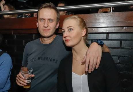 MOSCOW, RUSSIA - NOVEMBER 26, 2018: Opposition activies Alexei Navalny (L) with wife Yulia attend a charity concert titled I m Going to Sing My Song and held at Moscow s GlavClub Green Concert in support of Husky Dmitry Kuznetsov , a hip hop artist released after four days in jail for alleged hooliganism in Krasnodar. Sergei Petrov TASS  TS098D05