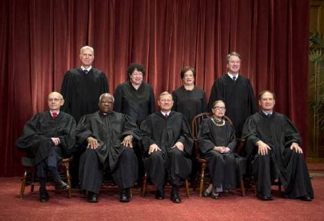 The Supreme Court Justices pose for their official group portrait in the Supreme Court on November 30, 2018 in Washington, D.C. Seated from left: Associate Justice Stephen Breyer, Associate Justice Clarence Thomas, Chief Justice John G. Roberts, Associate Justice Ruth Bader Ginsburg and Associate Justice Samuel Alito, Jr. Standing behind from left: Associate Justice Neil Gorsuch, Associate Justice Sonia Sotomayor, Associate Justice Elena Kagan and Associate Justice Brett M. Kavanaugh.  WAP20181130304 KEVINxDIETSCH