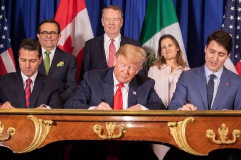 President Donald J. Trump is joined by Mexican President Enrique Pena Nieto and Canadian Prime Minister Justin Trudeau at the USMCA signing ceremony on November 30, 2018, in Buenos Aires, Argentina. The trio signed a new agreement to replace the 1994 North American Free Trade Agreement at the G20 summit in Argentina.  WAX2018113002 SHEALAHxCRAIGHEAD