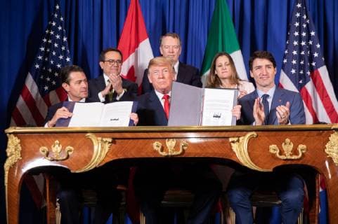 President Donald J. Trump is joined by Mexican President Enrique Pena Nieto and Canadian Prime Minister Justin Trudeau at the USMCA signing ceremony on November 30, 2018, in Buenos Aires, Argentina. The trio signed a new agreement to replace the 1994 North American Free Trade Agreement at the G20 summit in Argentina.  WAX2018113005 SHEALAHxCRAIGHEAD