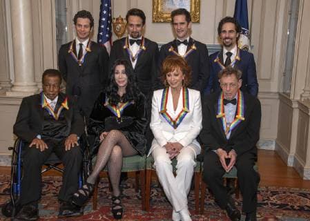 The recipients of the 41st Annual Kennedy Center Honors pose for a group photo following a dinner hosted by United States Deputy Secretary of State John J. Sullivan in their honor at the US Department of State in Washington, D.C. on Saturday, December 1, 2018. From left to right back row: Thomas Kail, Lin-Manuel Miranda, Andy Blankenbuehler, and Alex Lacamoire. Front row, left to right: Wayne Shorter, Cher, Reba McEntire, and Philip Glass The 2018 honorees are: singer and actress Cher; composer and pianist Philip Glass; Country music entertainer Reba McEntire; and jazz saxophonist and composer Wayne Shorter. This year, the co-creators of Hamilton,­ writer and actor Lin-Manuel Miranda; director Thomas Kail; choreographer Andy Blankenbuehler; and music director Alex Lacamoire will receive a unique Kennedy Center Honors as trailblazing cre Copyright: xRonxSachsx xPoolxviaxCNPx xMediaPunchx