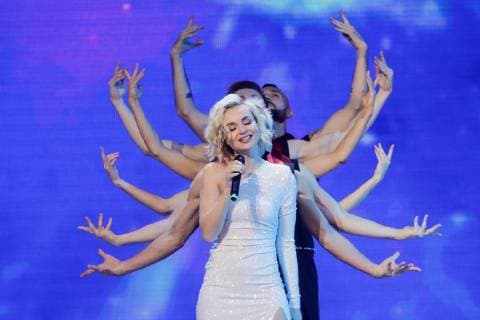 MOSCOW, RUSSIA - DECEMBER 5, 2018: Singer Polina Gagarina performs at the 2018 Dobrovolets Rossii (Volunteer of Russia) award ceremony at CSKA Arena on International Volunteer Day; the event is part of the 2018 International Volunteer Forum. Mikhail Metzel TASS  TS099E56
