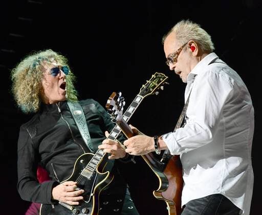 July 17, 2017 - Boston, Massachusetts, U.S. - MICK JONES and BRUCE WATSON of Foreigner perform onstage at Blue Hills Pavilion in Boston, Massachusetts on July 17, 2017. Boston U.S. - ZUMAm243 20170717_sha_m243_015 Copyright: xStevenxMarlinx
