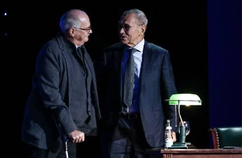 MOSCOW, RUSSIA - DECEMBER 7, 2018: Film directors Nikita Mikhalkov (L) and Nikita Mikhalkov at the 2018 Russian Geographical Society Prize award ceremony at the State Kremlin Palace. Anton Novoderezhkin TASS  TS09A50E