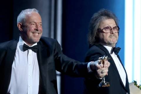 MOSCOW, RUSSIA â€“ DECEMBER 7, 2018: Mashina Vremeni rock band members Andrei Makarevich (L) and Alexander Kutikov at a ceremony to present the 2018 Viktoriya Russian National Music Awards, at the State Kremlin Palace. Vyacheslav Prokofyev TASS  TS09A545