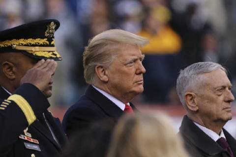December 8, 2018 - Philadelphia, PA, United States of America - U.S President Donald Trump, center, Defense Secretary Jim Mattis, right, and West Point Superintendent Lt. Gen. Darryl Williams stand for the national anthem before the 119th Army Navy game at Lincoln Financial Field December 8, 2018 in Philadelphia, Pennsylvania. Philadelphia United States of America - ZUMAp138 20181208_zaa_p138_003 Copyright: xJohnxPellinox