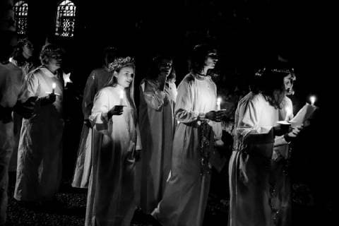 December 13, 2018 - Jerusalem, Israel - The Swedish Theological Institute (STI) in Jerusalem hosts Santa Lucia Day celebrations commemorating Lucia of Syracuse (283-304), Saint Lucy, Saint Lucia, or Sancta Lucia. The feast has become a festival of light, particularly celebrated in Scandinavian countries, where young girls traditionally dressed in white with a red sash, carry palms and wear wreaths of candles on their heads. STI, founded in 1951, is situated in central Jerusalem in Bet Tavor, constructed by Conrad Schick in 1882 and houses the Chapel of St. Bridget. Jerusalem Israel - ZUMAa126 20181213_zap_a126_027 Copyright: xNirxAlonx