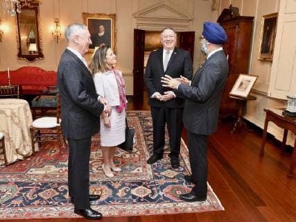 December 14, 2018 - Washington, DC, United States of America - U.S. Secretary of State Mike Pompeo, center, welcomes Canadian Minister of Defense Harjit Sajjan and Canadian Foreign Minister Chrystia Freeland, left, as U.S. Defense Secretary Jim Mattis looks on prior to the start of the U.S. Ã¢â‚¬ Canada 2+2 Ministerial meeting at the Department of State December 14, 2018 in Washington, D.C. Washington United States of America - ZUMAp138 20181214_zaa_p138_001 Copyright: xMichaelxGrossx
