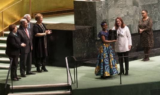 Award ceremony for UN Prize of Human Rights Rebecca Gyumi activist for women and girls rights in Tanzania receives awards at GA commemorative meeting on occasion of 70th anniversary of Universal Declaration of Human Rights at UN Headquarters New York New York United States UN Headquarters  LevxRadin