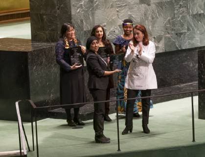 Award ceremony for UN Prize of Human Rights Mariam Alkhawaja of Front Line Defenders accepts prize at GA commemorative meeting on occasion of 70th anniversary of Universal Declaration of Human Rights at UN Headquarters New York New York United States UN Headquarters  LevxRadin