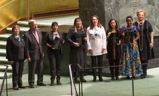 Award ceremony for UN Prize of Human Rights Recipients of prize and UN officials pose at GA commemorative meeting on occasion of 70th anniversary of Universal Declaration of Human Rights at UN Headquarters New York New York United States UN Headquarters  LevxRadin