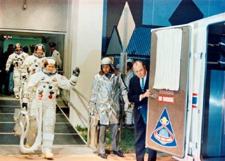 December 21, 2018 - Cape Kennedy, Florida, U.S. - FILE - In August of 1968, three astronauts received a call telling them to cancel their winter holiday plans, they were going to the Moon. Fifty years later we are celebrating the historic mission of Apollo 8. PICTURED: December 21, 1968 - Cape Kennedy, Florida, U.S. - Launch of Apollo 8 (AS-503) from Cape Kennedy, Fla. was the beginning of a mission designed to test the Apollo system and gain the operational experience necessary to realize President Kennedy goal of landing a man on the Moon and returning him safely to Earth. In this photo, Commander Colonel FRANK BORMAN leads the way as he, Command Module Pilot Captain JAMES A LOVELL JR., and Lunar Module Pilot Major WILLIAM A. ANDERS head to the launch pad for humanity s maiden voyage around the moon and its first aboard the Saturn - ZUMAz03_ 20181221_shk_z03_540 Copyright: xNASAx