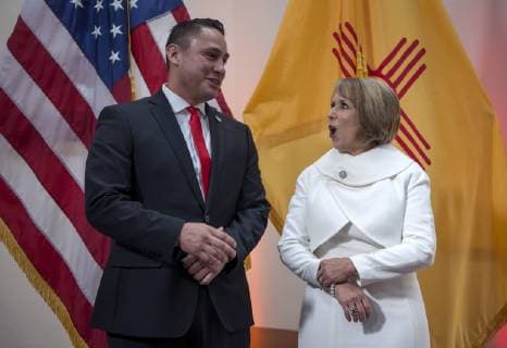 January 1, 2019 - U.S. - New Mexico Governor Michelle Lujan Grisham and Lt. Gov. Howie Morales talk before greeting people at the Santa Fe Community Convention Center in Santa Fe, Tuesday January 1, 2019. This was after their inaugural ceremony. U.S. - ZUMAab1_ 20190101_zaf_ab1_024 Copyright: xEddiexMoorex