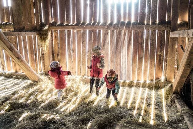 Three little girls playing together in a hey barn model released Symbolfoto  PSIF00126