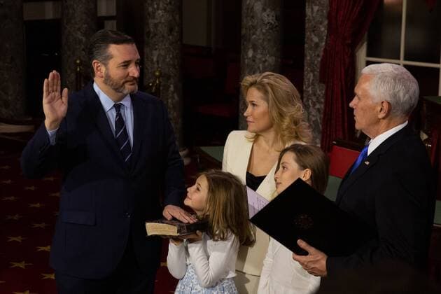 January 3, 2019 - Washington, DC, United States - Sen. Ted Cruz (R-TX), (L), with his daughters, Catherine and Caroline, and his wife, Heidi, participates in a ceremonial swearing-in ceremony with Vice President Mike Pence on Capitol Hill in Washington, D.C., on Thursday, January 3, 2019. Washington United States  - ZUMAn230 20190103_zaa_n230_227 Copyright: xCherissxMayx