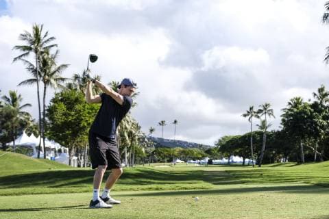 January 9, 2019 - Honolulu, Hawaii: Tom Holland who plays the role of Spider Man in the Avengers movie hits his tee shot on the 10th hole during the Pro Am day before the Sony Open at Waialae Country Club in Honolulu, Hawaii. CSM Honolulu USA - ZUMAc04_ 38228440st Copyright: xGlennxYozax