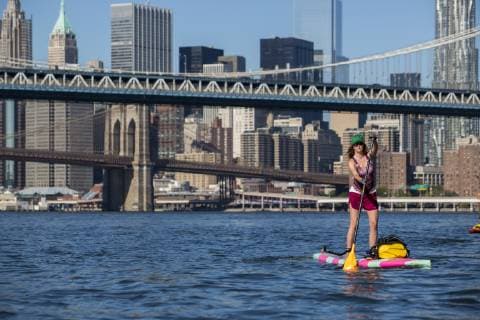 Adult woman paddle boarding on East River with Brooklyn Bridge and city buildings in background, New York City, New York, USA, New York New York USA model released Symbolfoto property released Copyright: RyanxSalmxPhotography SARY000124
