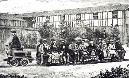 An engraving depicting the first successful electric railway by Siemens and Halske at the Industrial Exhibition, Berlin (1879). Siemens & Halske AG was a German electrical engineering company that later became part of Siemens. Dated 19th century. 917_05_WHA_124_0323