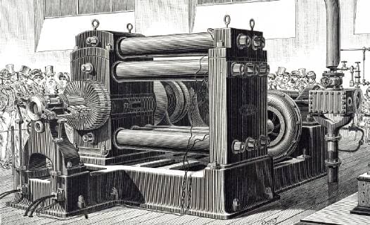 An engraving depicting Edison s Jumbo Engine-driver Dynamo on show at the Paris Electrical Exhibition of 1881. Thomas Edison (1847-1931) an American inventor and businessman. Dated 19th century. 917_36_WHA_124_0317