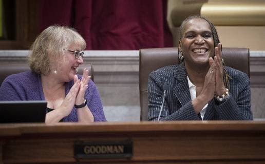 January 8, 2018 - Minneapolis, MN, USA - Minneapolis City Council member Lisa Goodman celebrated as Andrea Jenkins was named the new Vice President during the first City Council meeting of the year, Monday, January 8, 2018 in Minneapolis, MN. ELIZABETH FLORES Ã¢â‚¬Â¢ liz.flores@startribune.com Minneapolis USA - ZUMAm42_ 20180108_zaf_m42_032 Copyright: xElizabethxFloresx
